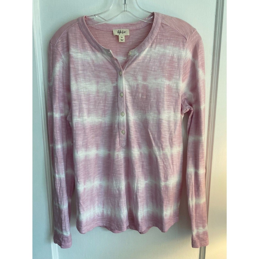 Style & Co Blouse Women M Pink Tie Dye Roll Tab Sleeve Henley Cotton Top